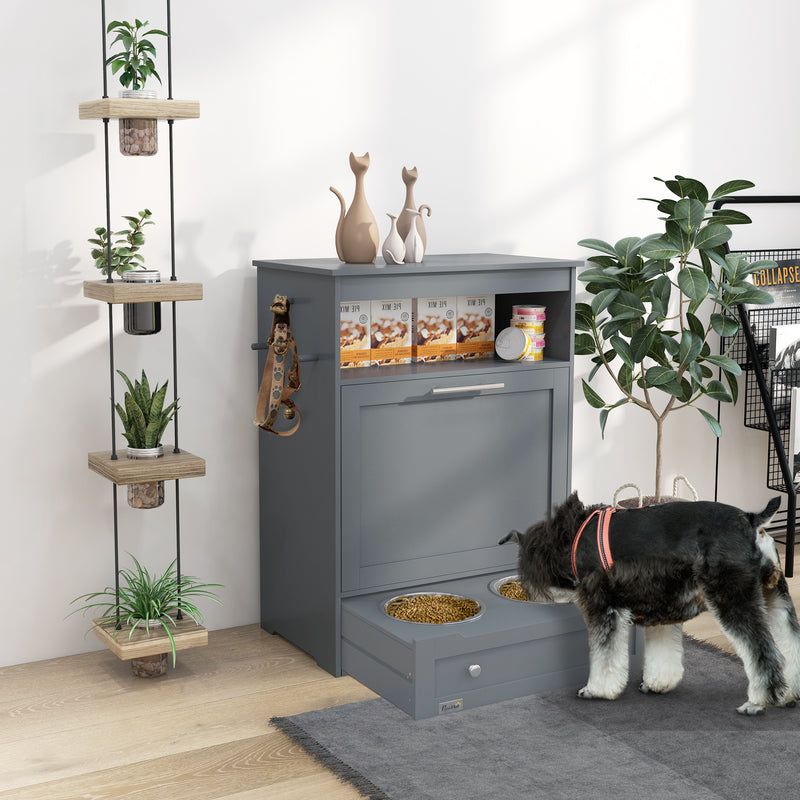 Pet Feeding Station With Raised Bowls Storage Cabinet And Hook For Dogs And Cats, Grey