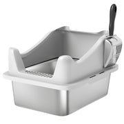 Stainless Steel Cat Litter Box With High Sides and Scoop For Easy Cleaning, Silver