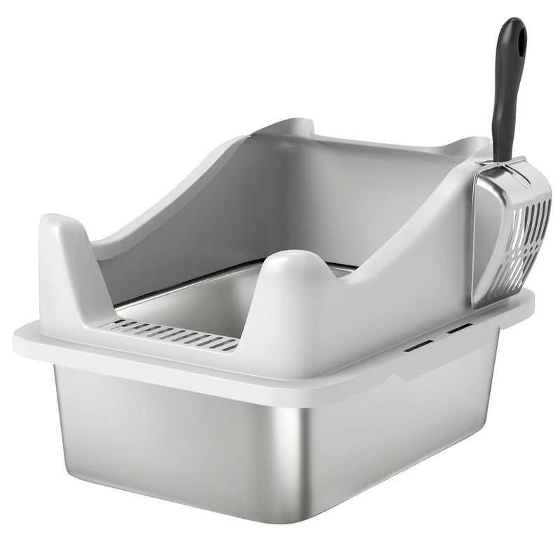 Stainless Steel Cat Litter Box With High Sides and Scoop For Easy Cleaning, Silver