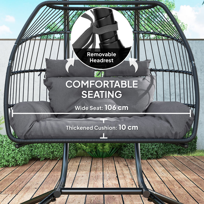 Dark Grey Rattan Double Hanging Egg Chair With Cushions And Stand For Garden by Outsunny