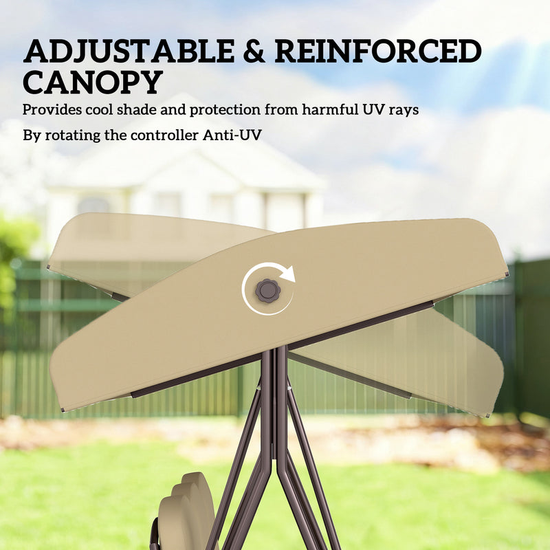 Patio Swing - 3 Seater Garden Swing Chair With Tilting Canopy For Patio Or Lawn Relaxing, Brown