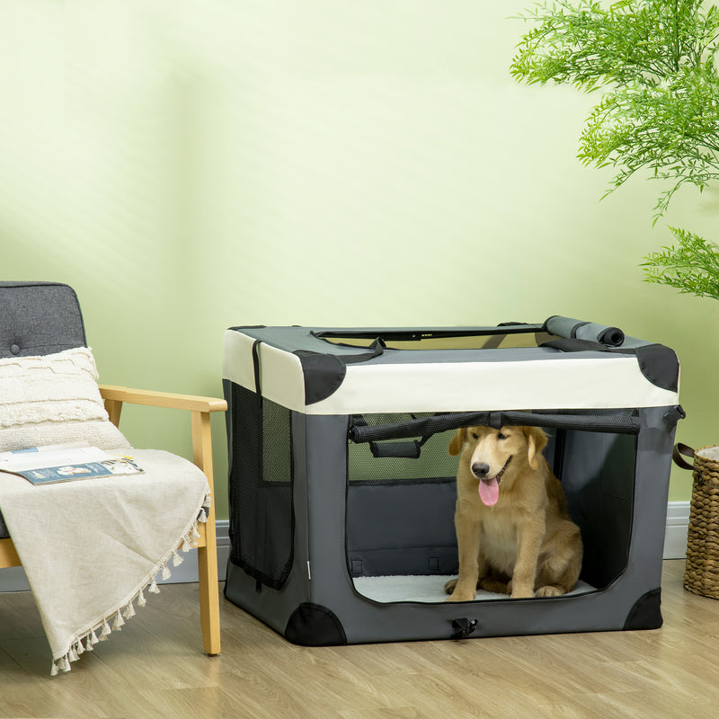 Foldable Pet Carrier With Cushion for Large Dogs and Cats Easy Travel Crate, Grey