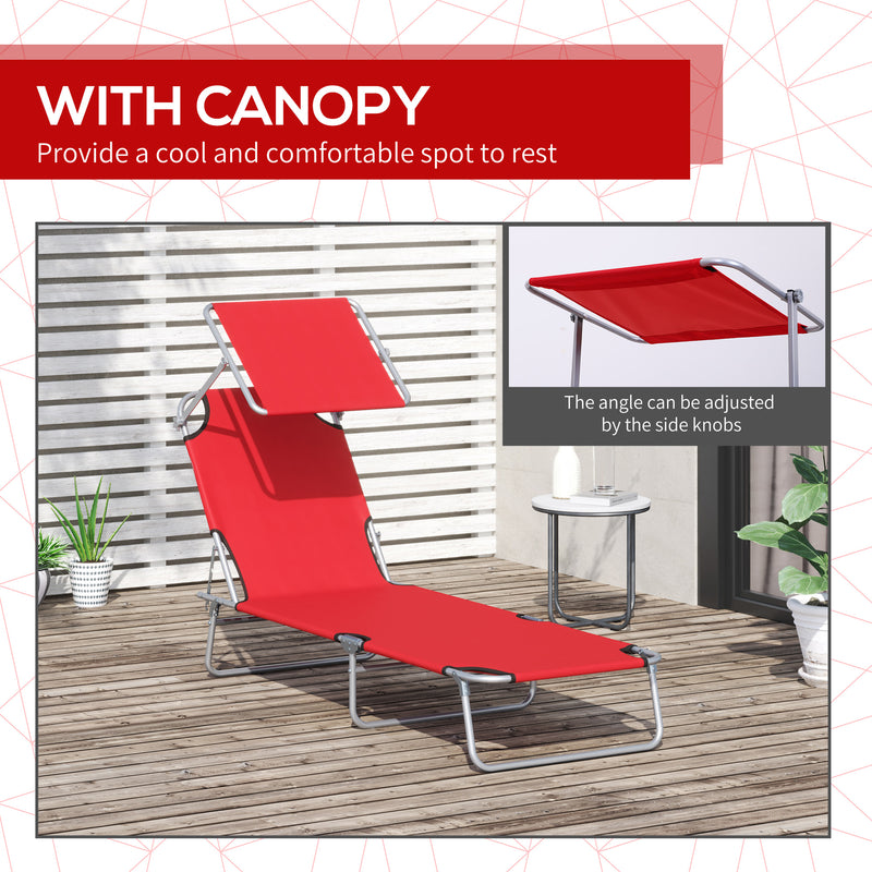 Red Folding Reclining Sun Lounger with Adjustable Canopy for Beach or Garden Relaxation