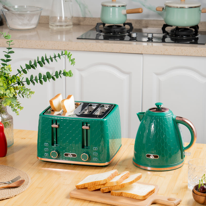Fast Boil 17L Jug Kettle and 4 Slice Toaster Set with Browning Control Green
