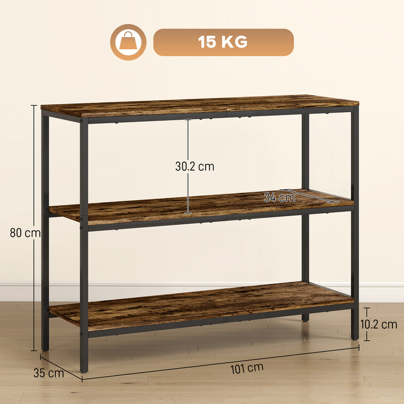 3 Tier Console Table with Open Storage Shelves Ideal for Hallway or Living Room, Rustic Brown