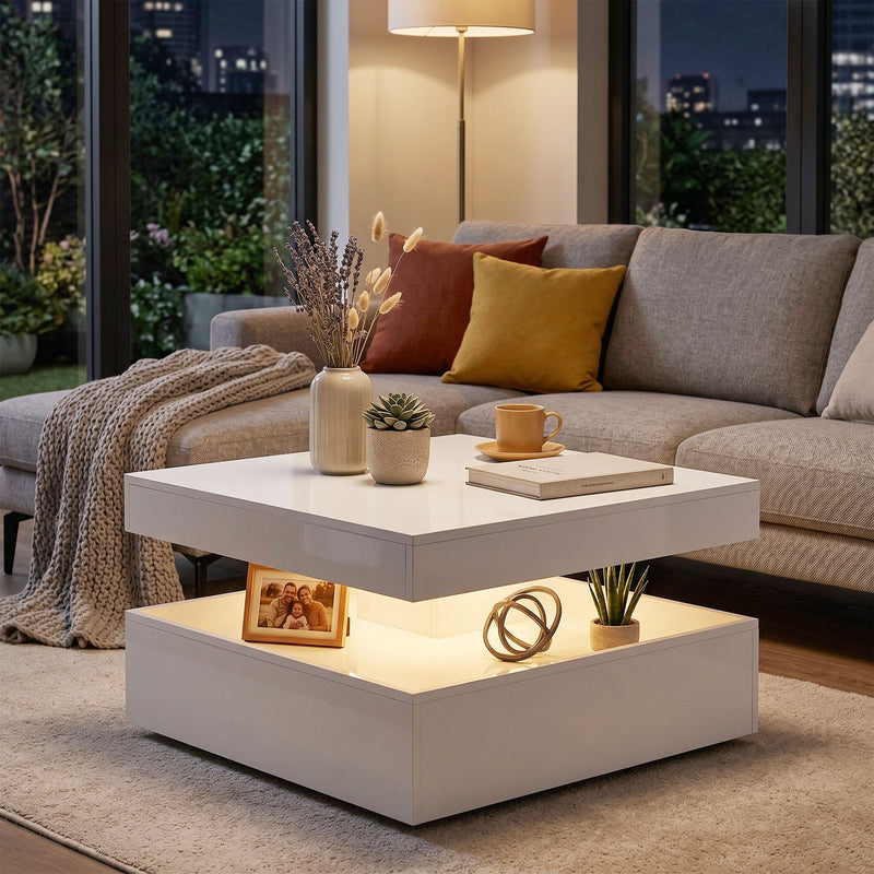 Coffee Table with LED Mood Lighting and Storage Shelf for Organised Living Room High Gloss White