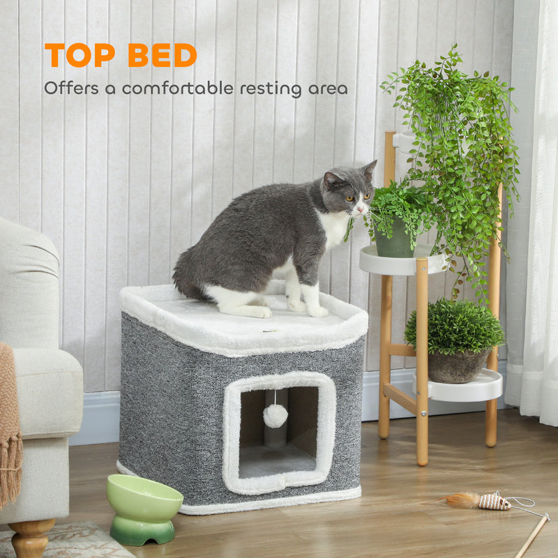 2 Level Indoor Cat House with Top Bed and Hanging Toys Ideal for Multiple Kittens Grey AOSOM