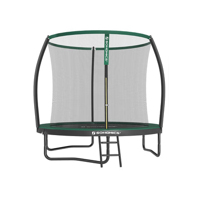 Songmics 244cm trampoline with safety net and ladder, studio front view, green