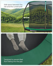 Safety gap between the net and curved pole, and padded edge that prevents feet slipping through