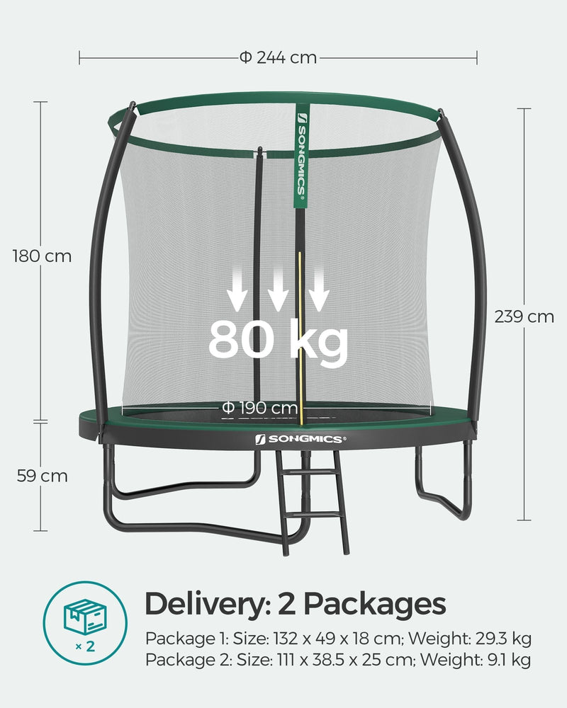 Labelled dimensions diagram of the Songmics 244cm trampoline showing height, pole and jumping area sizes