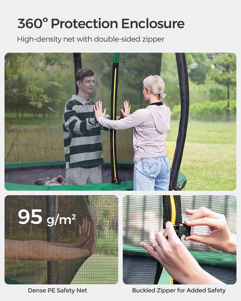 Close-up of the zippered safety net enclosure on the Songmics 244cm trampoline