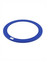 Angled view of the blue 12 ft spring cover showing the padded thickness of the ring