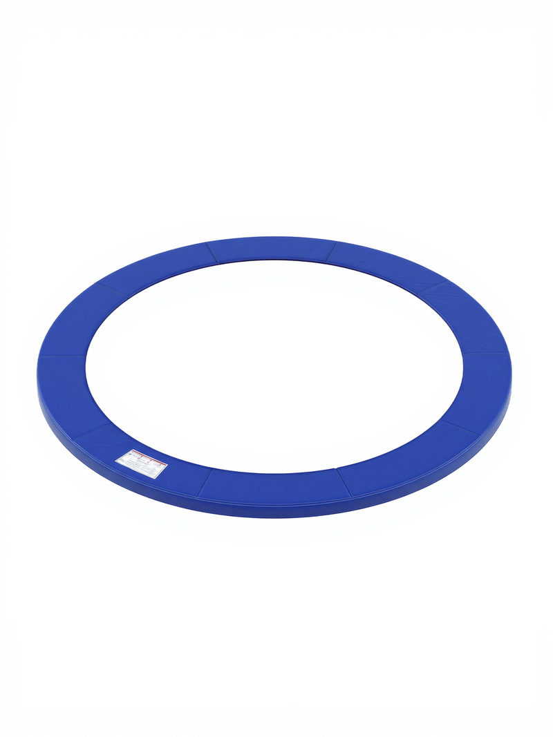 Angled view of the blue 12 ft spring cover showing the padded thickness of the ring