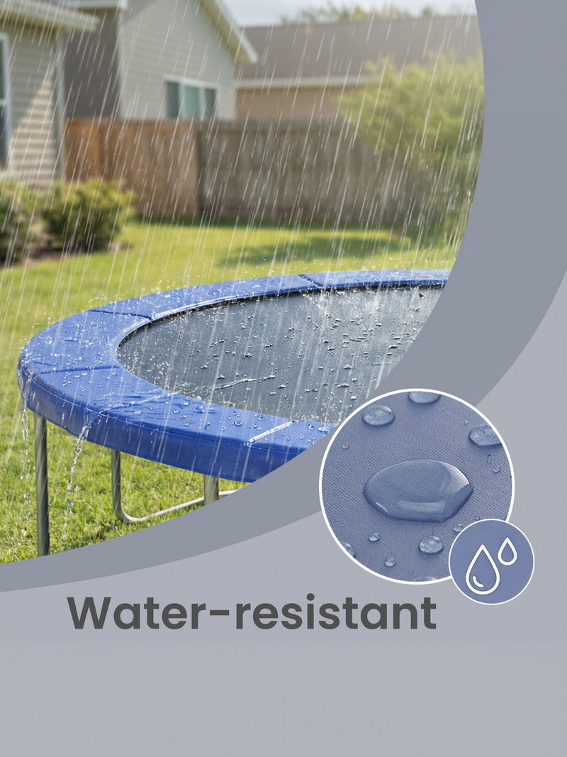 Rain falling on the blue pad with an inset close-up of water beading on the surface