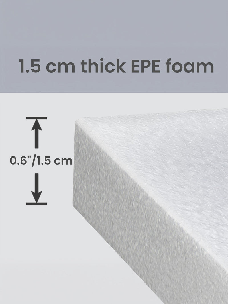 Close-up of the white EPE foam layer labelled 15 mm thick