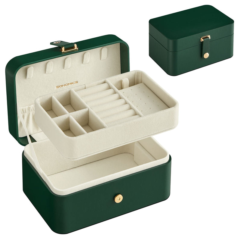 Forest green Songmics travel jewellery case shown open with its lift-out tray, and closed behind
