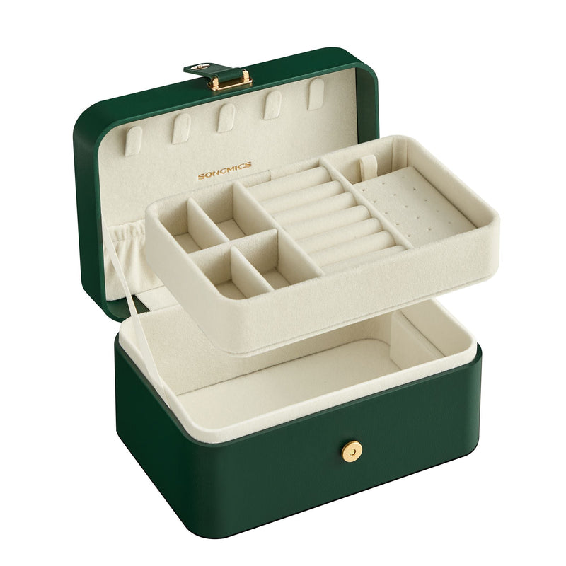 Open forest green jewellery case at an angle, with the ring and earring tray raised above the base