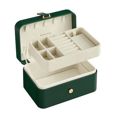 Open forest green jewellery case at an angle, with the ring and earring tray raised above the base