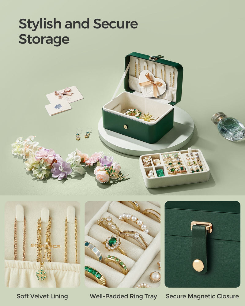 Styled photo with flowers plus close-ups of the velvet lining, padded ring tray and magnetic closure