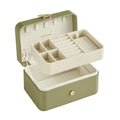 Laurel green Songmics travel jewellery case open, with the lift-out tray above the base compartment