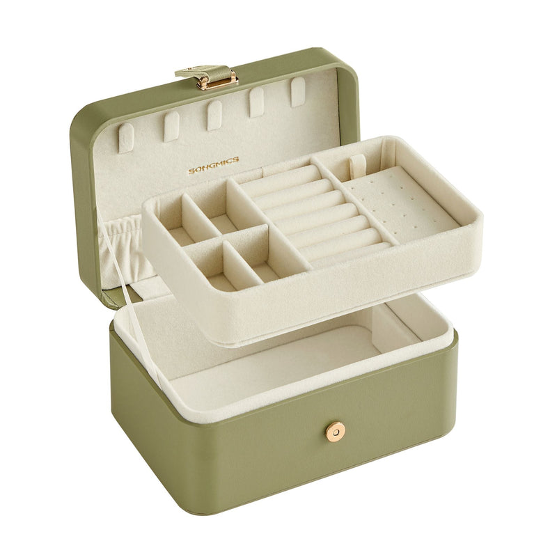 Laurel green Songmics travel jewellery case open, with the lift-out tray above the base compartment