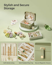 Styled photo with flowers plus close-ups of the velvet lining, padded ring tray and magnetic closure