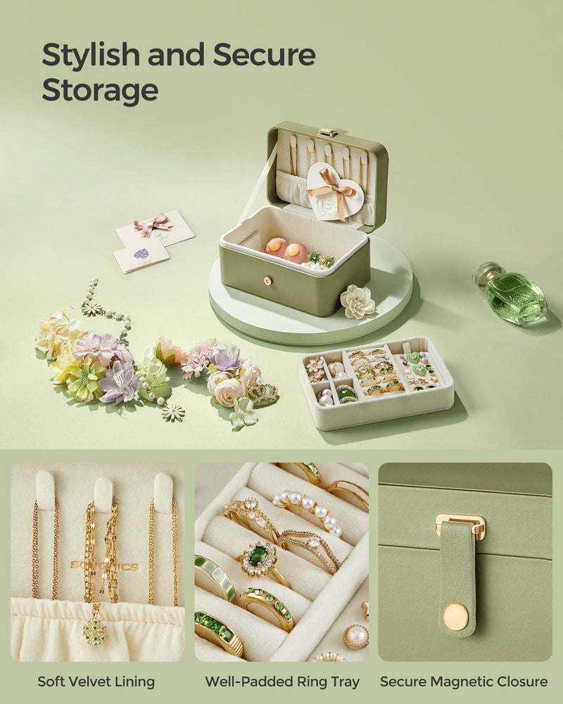 Styled photo with flowers plus close-ups of the velvet lining, padded ring tray and magnetic closure