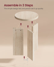 Exploded assembly diagram of the side table showing the 3-step setup