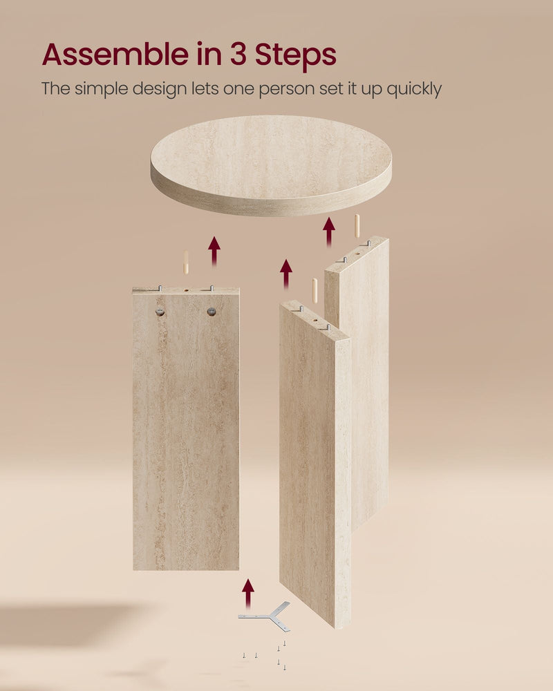 Exploded assembly diagram of the side table showing the 3-step setup
