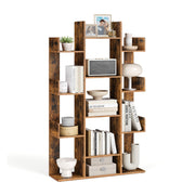 Rustic brown tree bookshelf with 13 open shelves styled with books, plants and photo frames