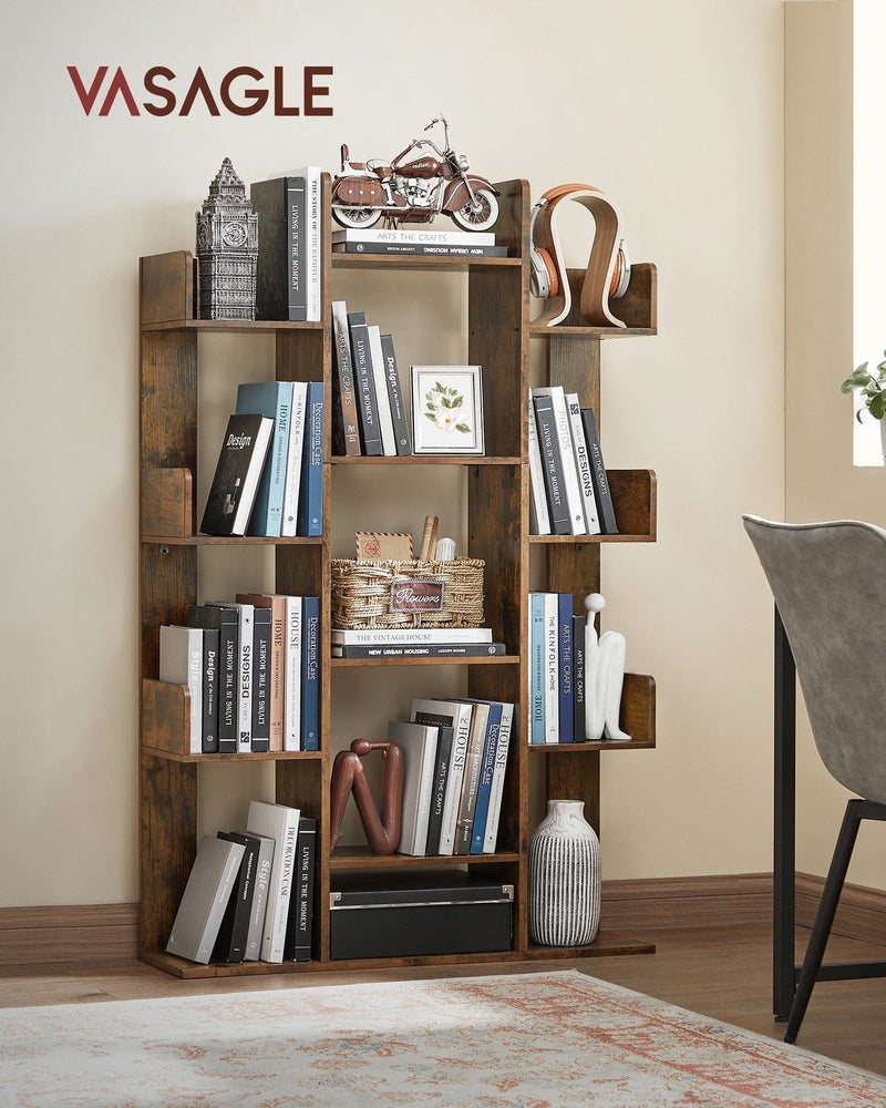 Vasagle branded shot of the tree bookshelf filled with books, headphones and ornaments