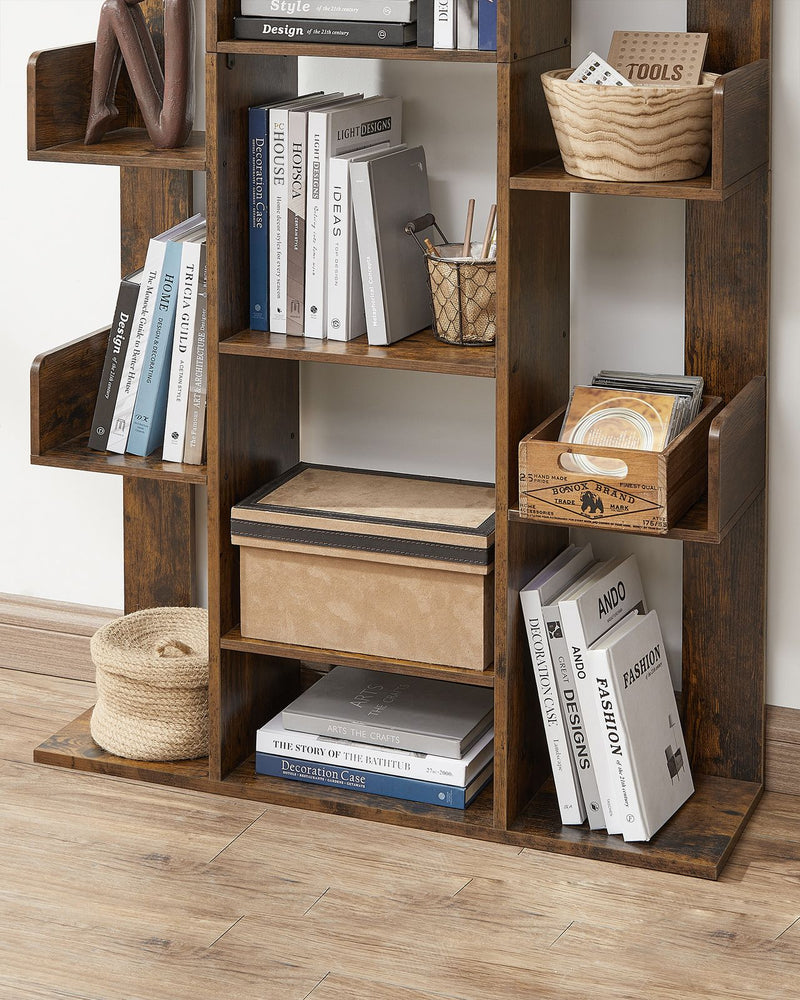 Close-up of the lower shelves holding books, a storage box and a woven basket