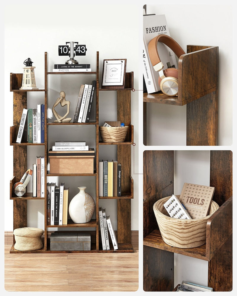 Full view of the bookshelf with inset close-ups of a side step shelf and a basket shelf