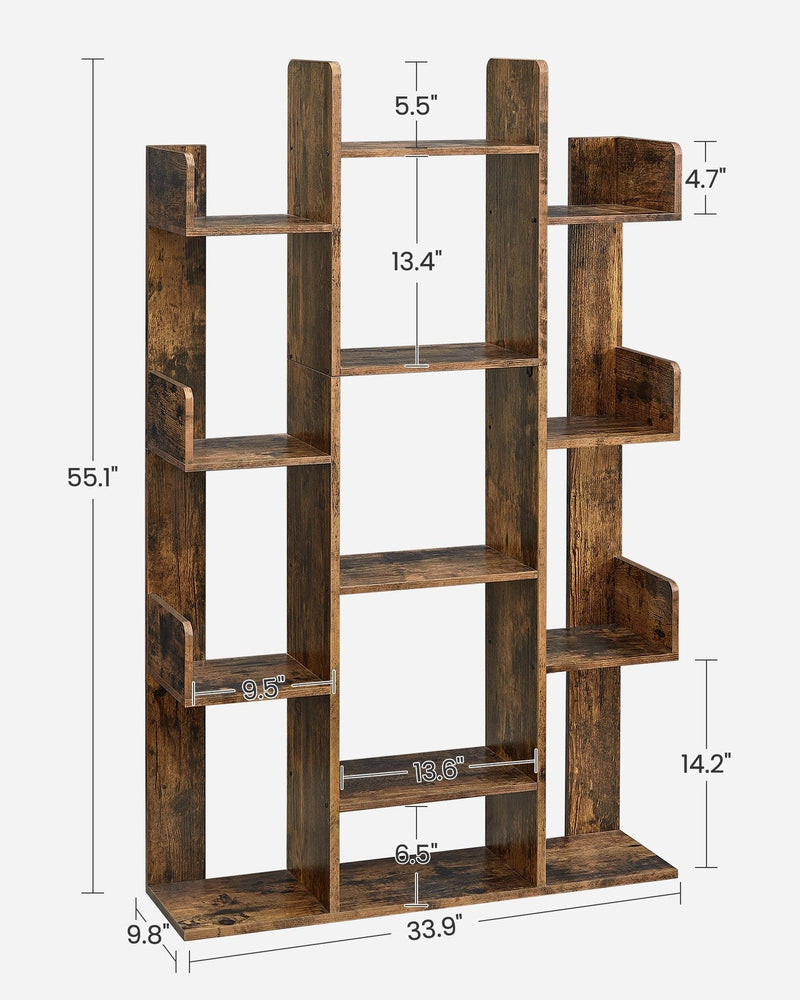 Dimensions diagram in inches showing the same bookshelf at 33.9 x 9.8 x 55.1 inches