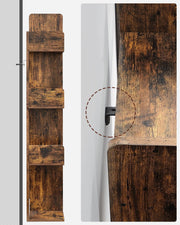 Rear profile of the bookshelf beside a close-up of the black wall anchor bracket