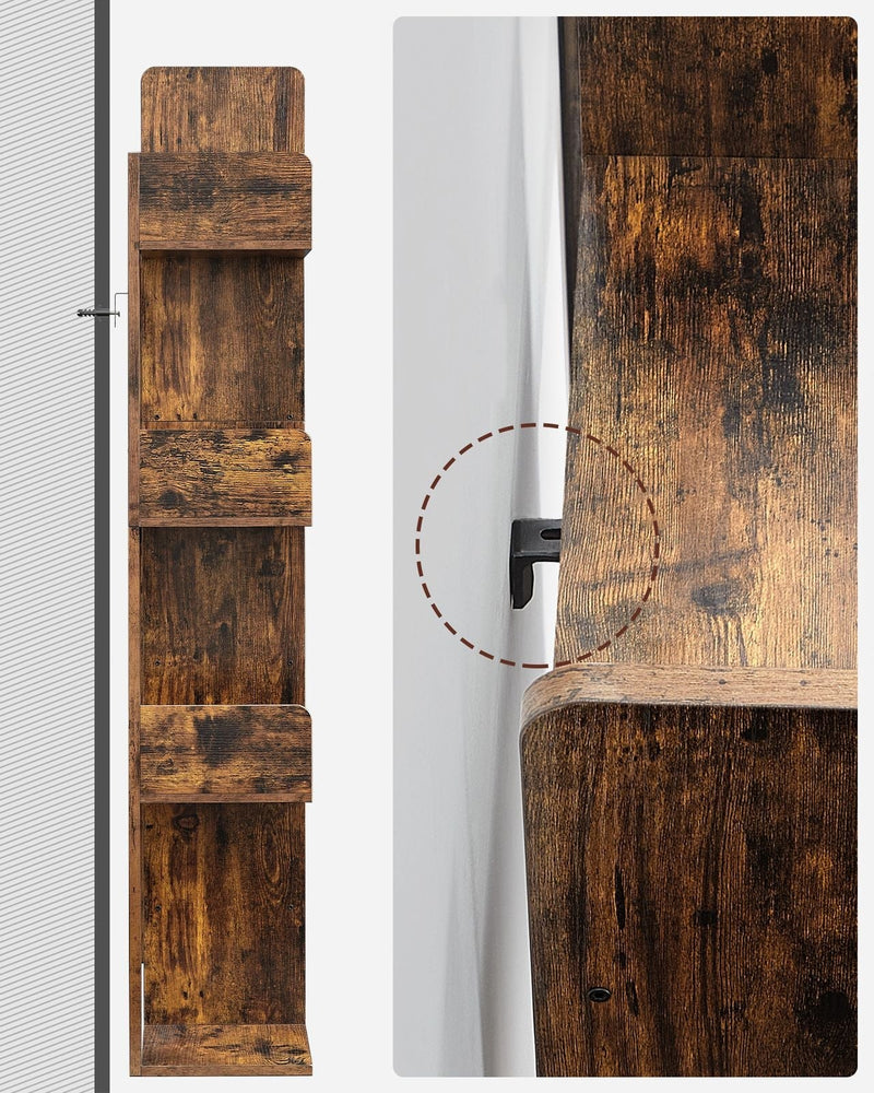 Rear profile of the bookshelf beside a close-up of the black wall anchor bracket