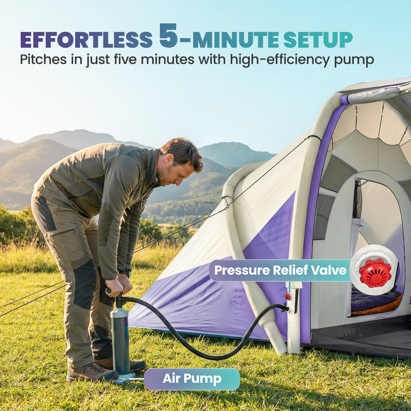 Inflatable Family Tent with Two Bedrooms and Fast Five Minute Setup for Easy Camping Purple White
