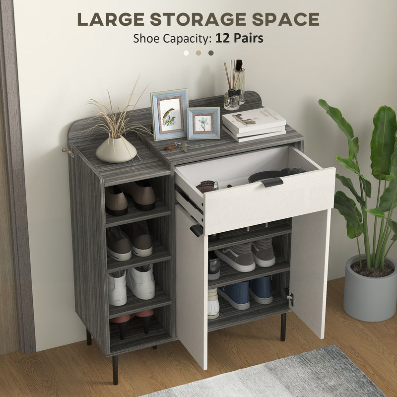 Modern 12 Pair Shoe Storage Cabinet With Drawers Ideal For Hallway or Bedroom Grey White