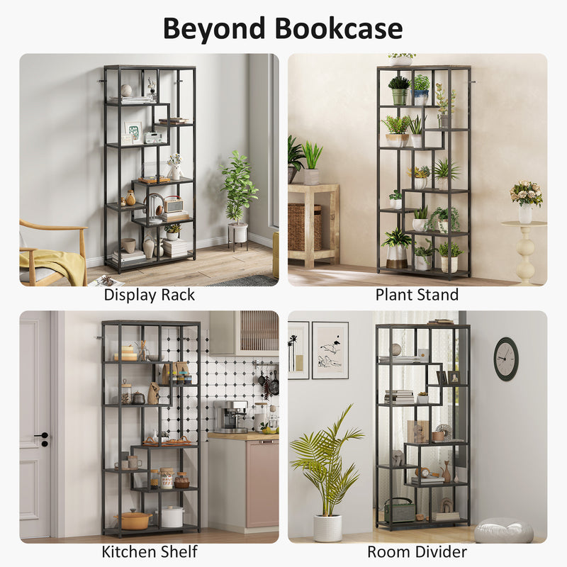 Tall 7 Tier Shelving Unit for Organised Book and Ornament Storage Grey Black
