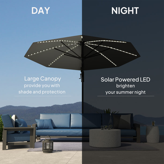 Dark Grey 3m Cantilever Garden Parasol with Solar Lights Crank Handle UPF 50+ and 360Â° Rotation by Outsunny