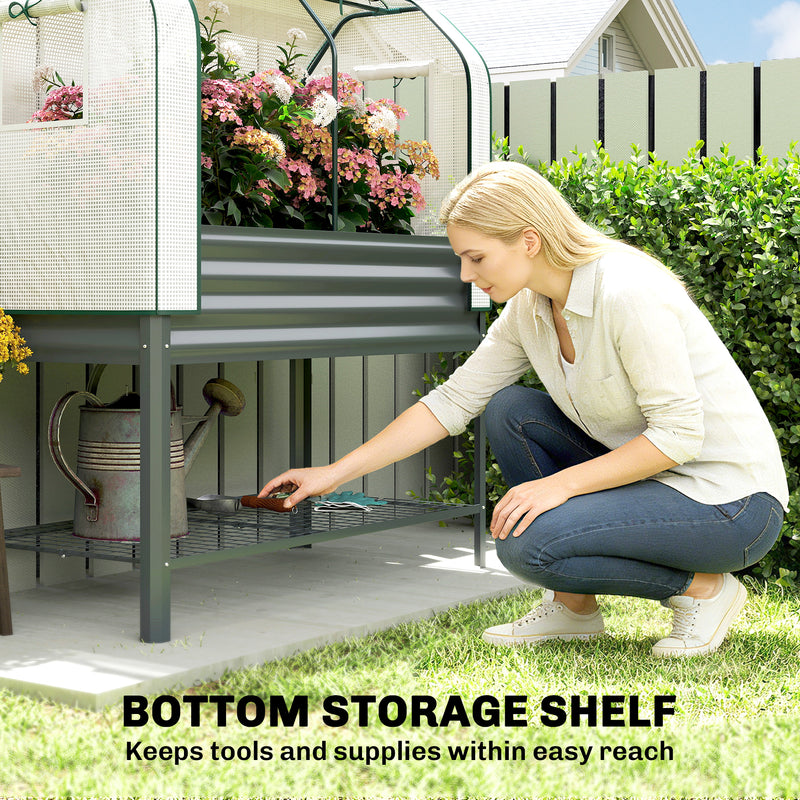 Raised Garden Planter With Greenhouse Cover And Tool Shelf For Easy Gardening Dark Grey Outsunny