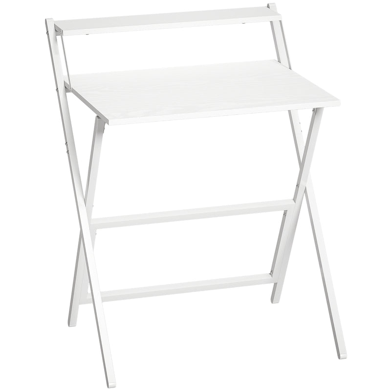 Folding Desk for Small Spaces with Monitor Shelf and Sturdy Steel Frame White