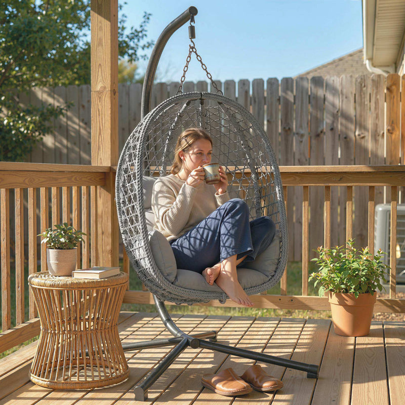 Hanging Egg Chair with Stand, Cushion & Headrest For Garden, Patio & Balcony Outsunny