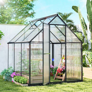 Walk-In Polycarbonate Greenhouse 6x6.5ft | Aluminium Frame, Roof Vent & Rain Gutter – Black Outsunny
