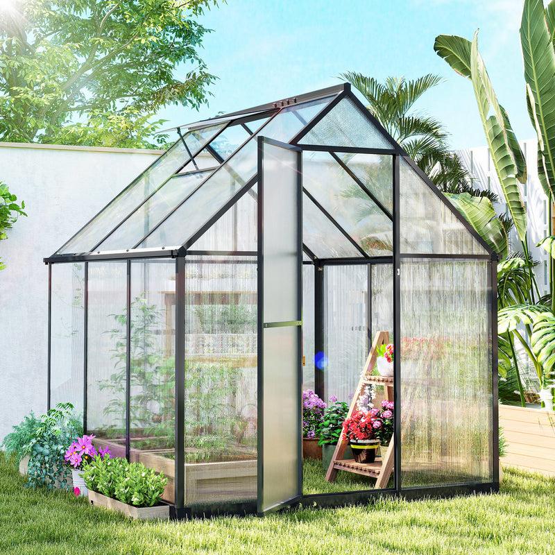Walk-In Polycarbonate Greenhouse 6x6.5ft | Aluminium Frame, Roof Vent & Rain Gutter – Black Outsunny