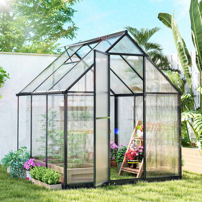Walk-In Polycarbonate Greenhouse 6x6.5ft | Aluminium Frame, Roof Vent & Rain Gutter – Black Outsunny