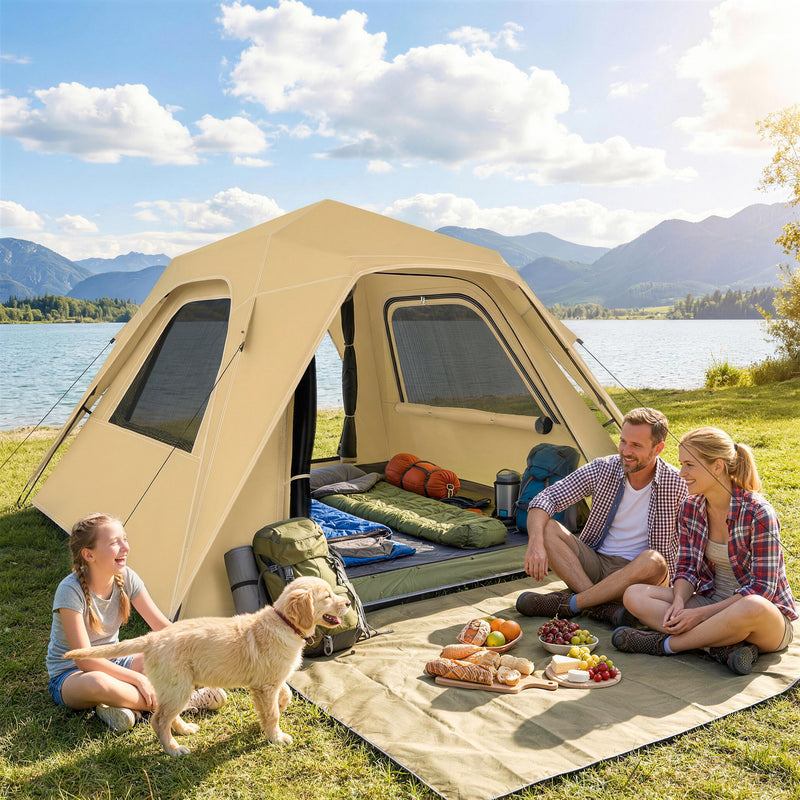 Pop Up Family Tent for 3 to 4 People with Instant Setup and All Weather Protection Khaki