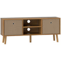 Brown TV cabinet stand with 2 beige fabric drawers and 2 open shelves on a white background