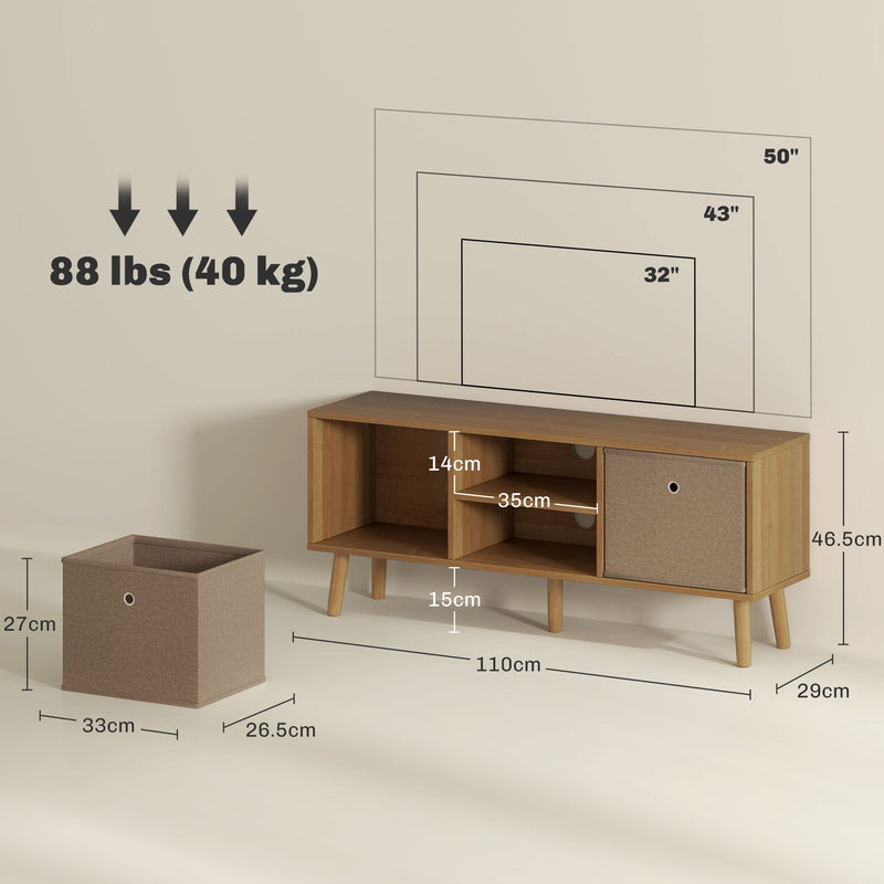 TV stand dimensions diagram showing 110 x 29 x 46.5 cm, 15 cm legs, 40 kg load and fit for TVs up to 50 inches