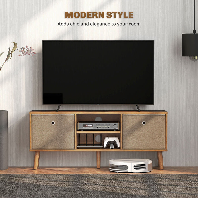 Brown TV cabinet with a TV on top and a media player and games controller on the open shelves